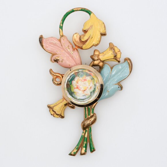Jewelry - Vintage Enamel‎ Pastel Flower Bouquet Watch Holder Brooch 1940s